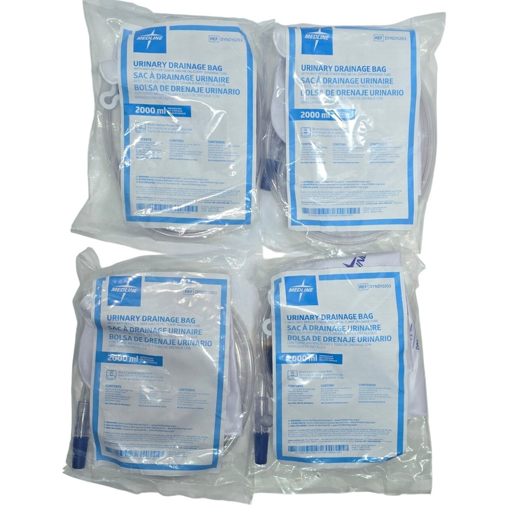 Lot of 4 Medline Urinary Drainage Bag 2000ml Anti-Reflux Metal Clamp DYND15203